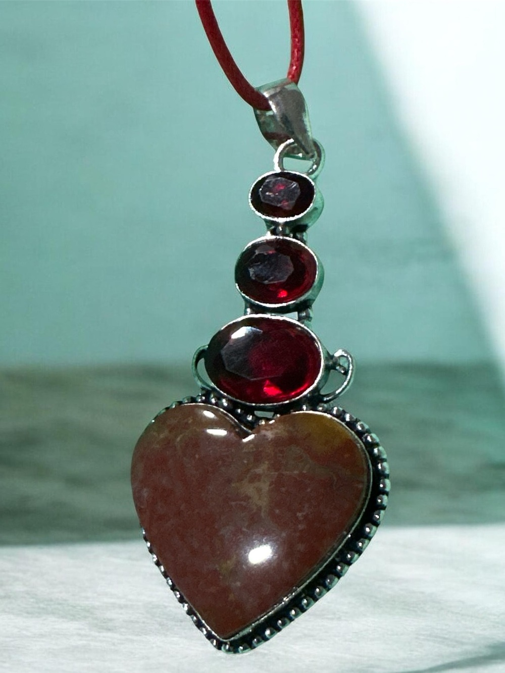 Heart Pendant Necklace with Deep Red Stone Accents